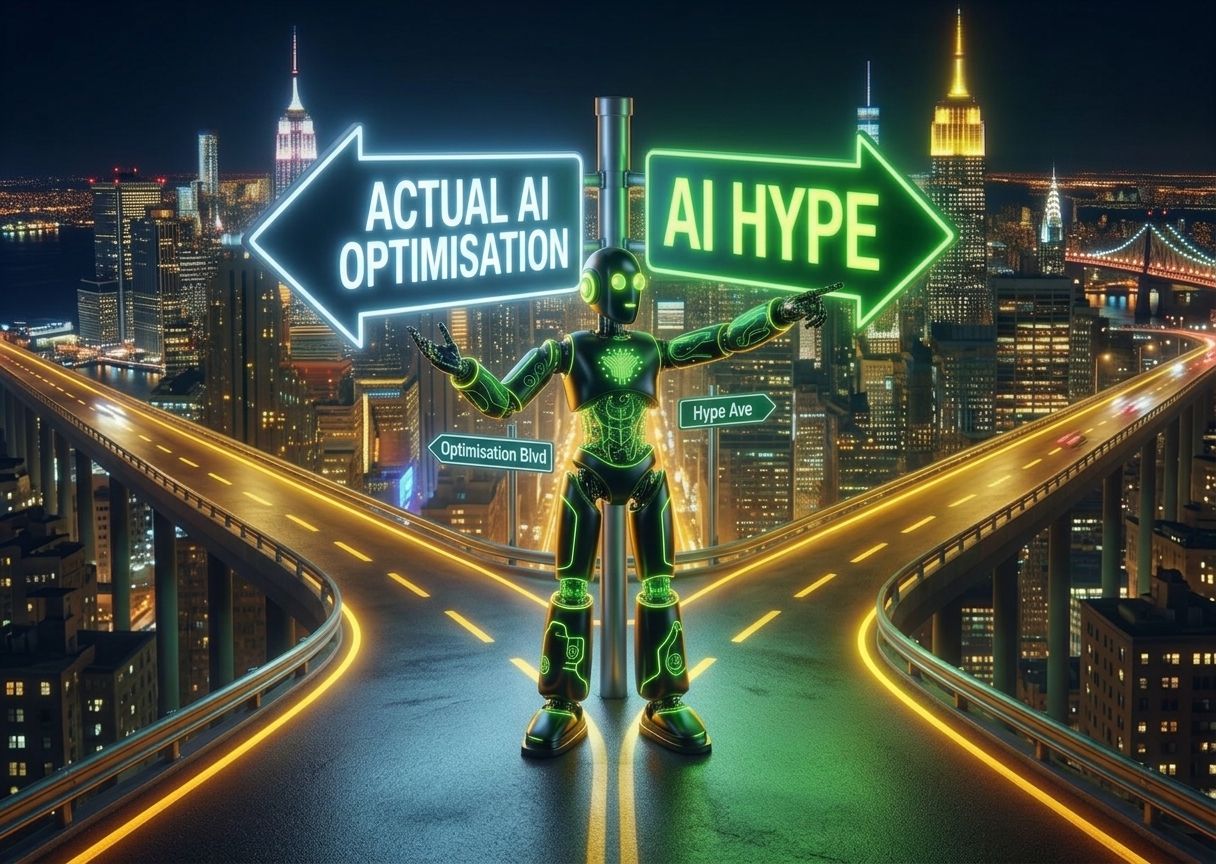 A side-by-side comparison illustrating AI hype versus genuine business automation
