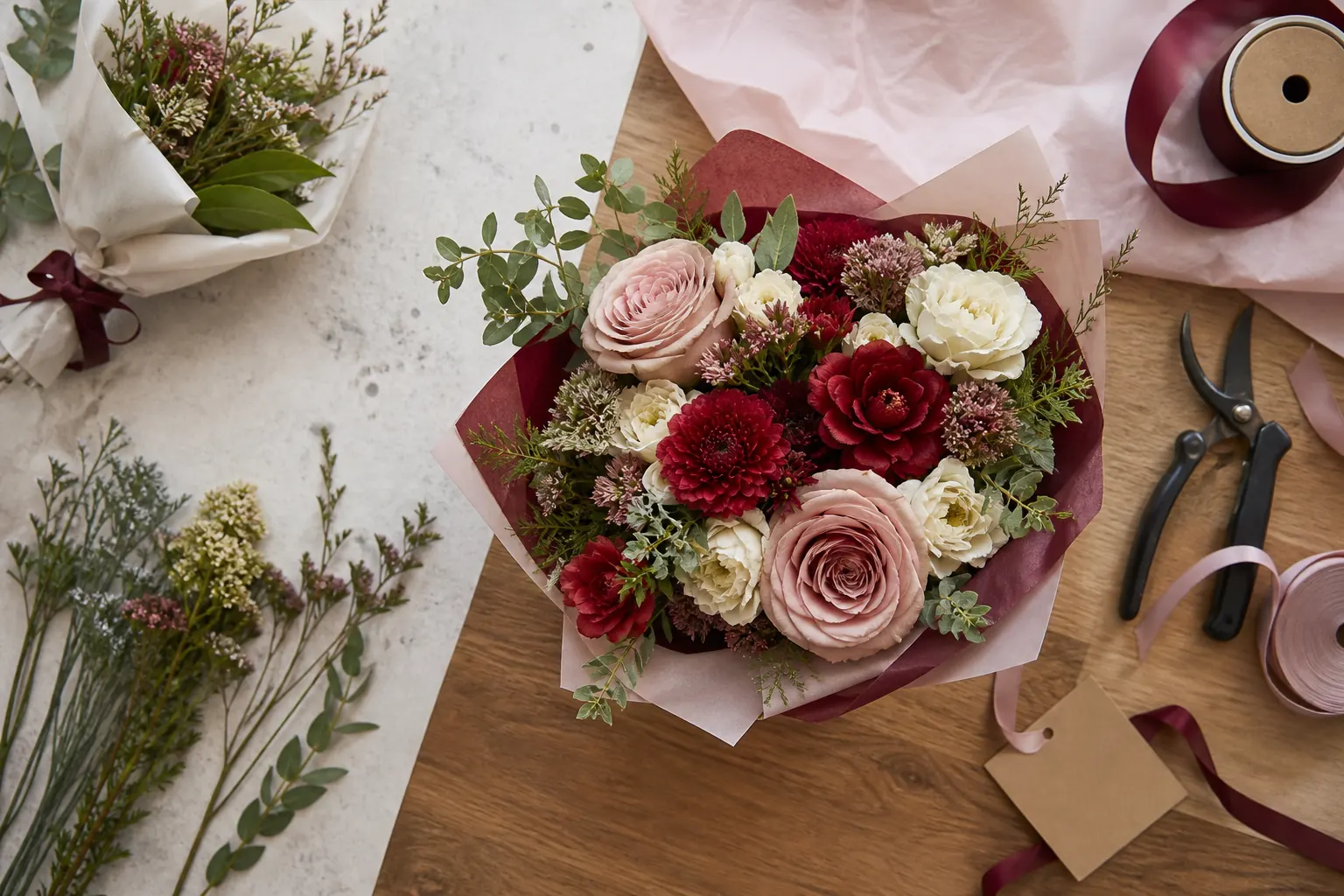 Anonymous editorial photograph of an anniversary flower arrangement ready for dispatch