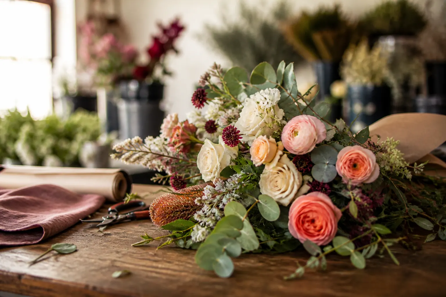 Anonymous editorial photograph of a floral arrangement on a florist's workbench